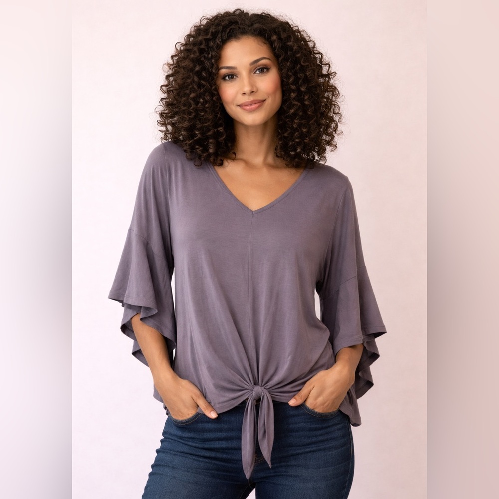 Umgee Slate Gray V-Neck Tie-Front Flutter Sleeve Top